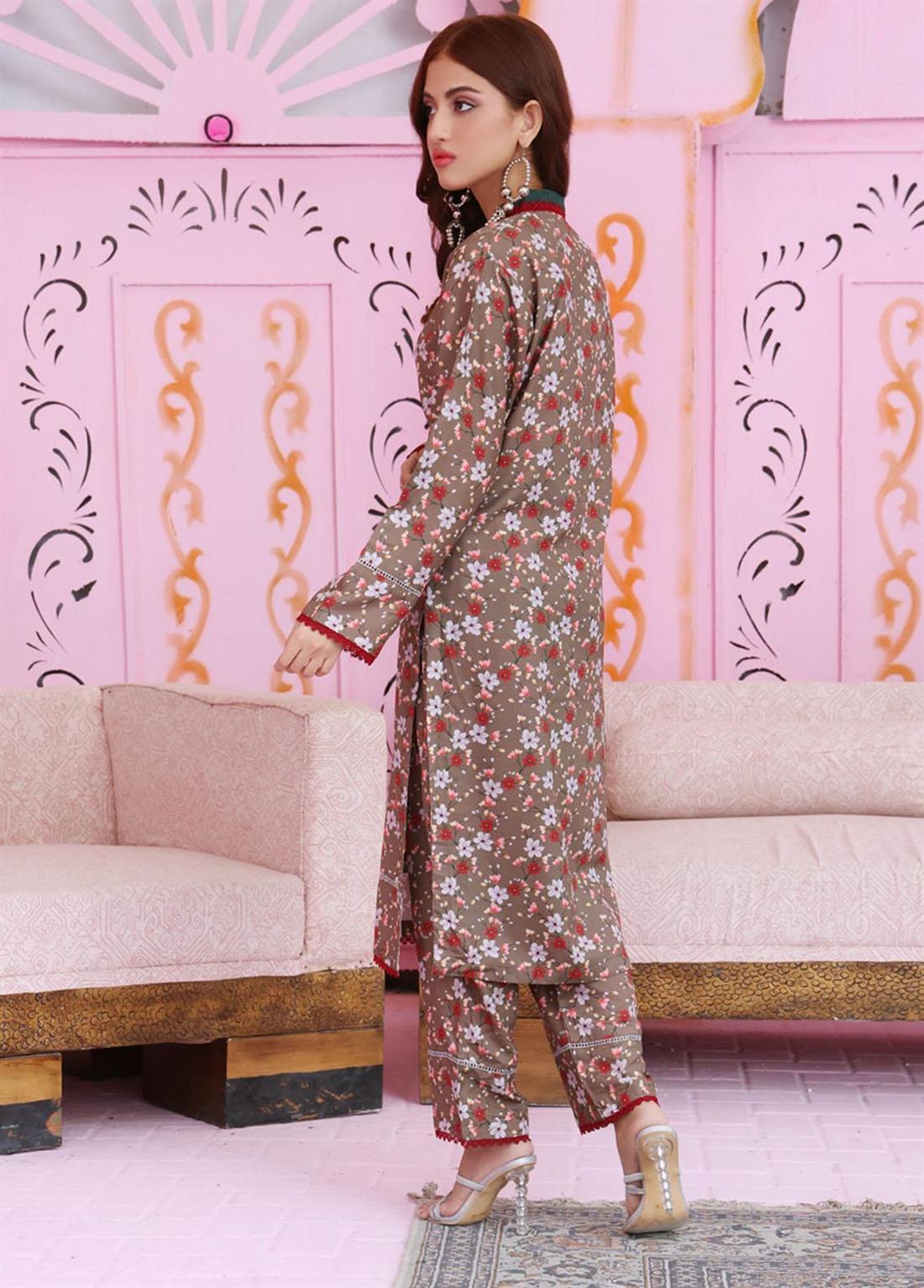 Khakhi Green 2 Piece Linen Printed Stitched Suit in Khaki Color
