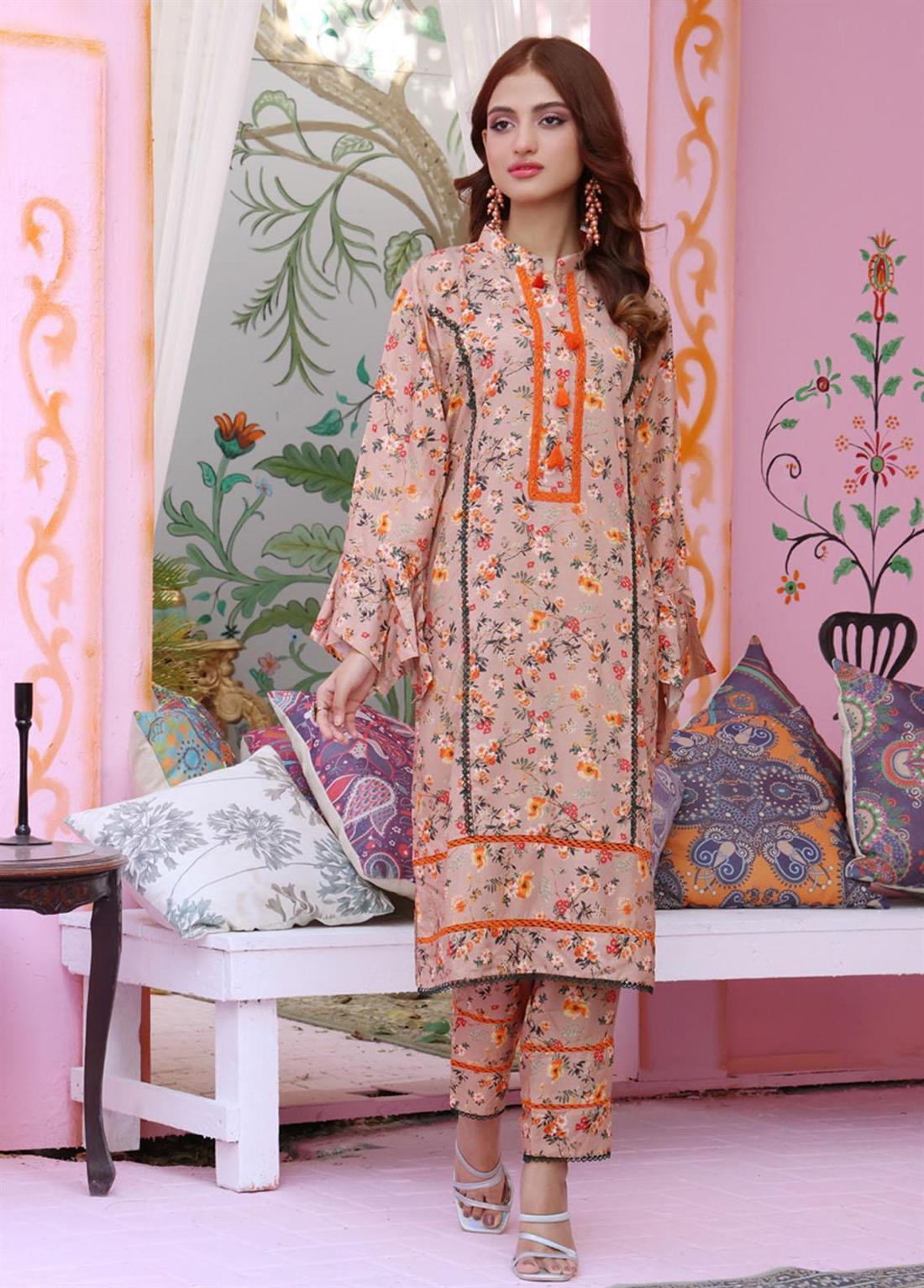 Peach Linen 2 Piece Printed Stitched Suits