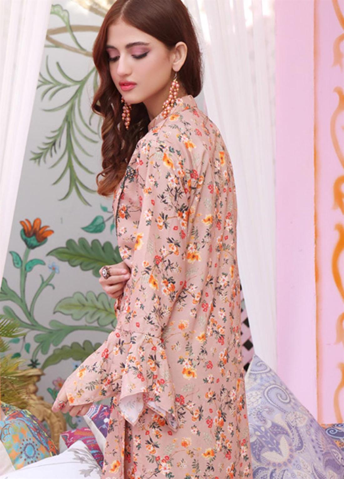 Peach Linen 2 Piece Printed Stitched Suits