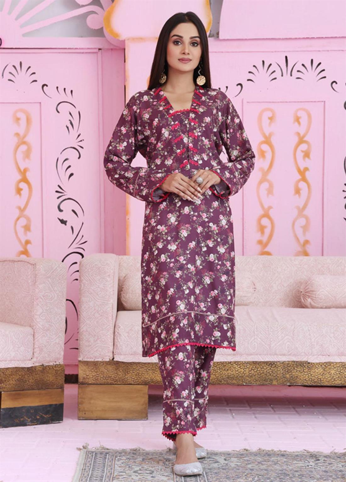 Plum Printed Stitched Linen Kurta Suit