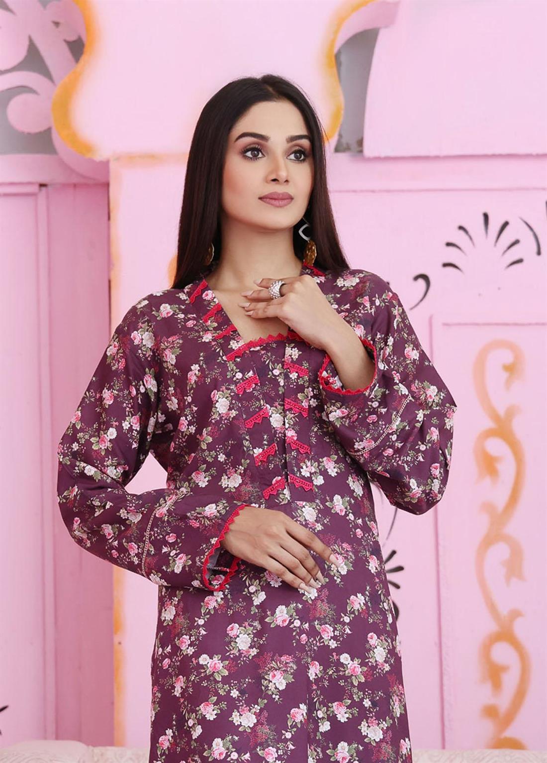 Plum Printed Stitched Linen Kurta Suit