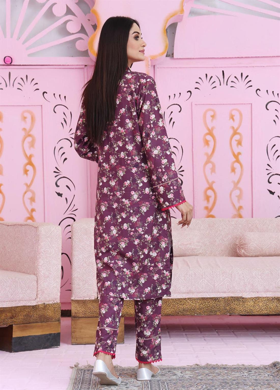 Plum Printed Stitched Linen Kurta Suit
