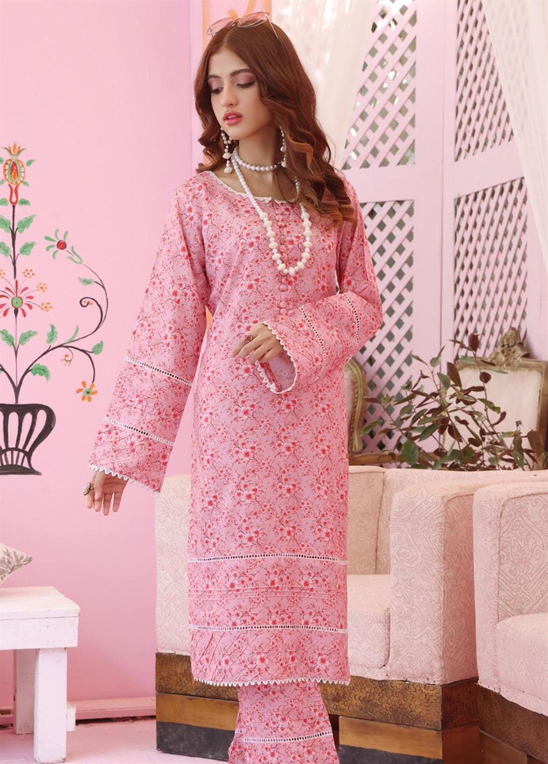 Pink Linen 2 Piece Printed Stitched Suit