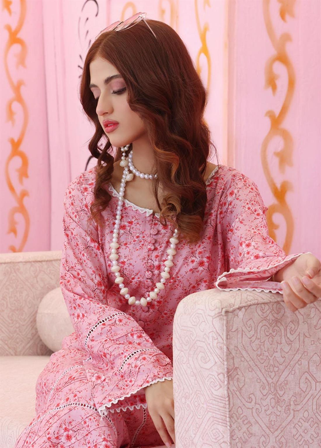 Pink Linen 2 Piece Printed Stitched Suit