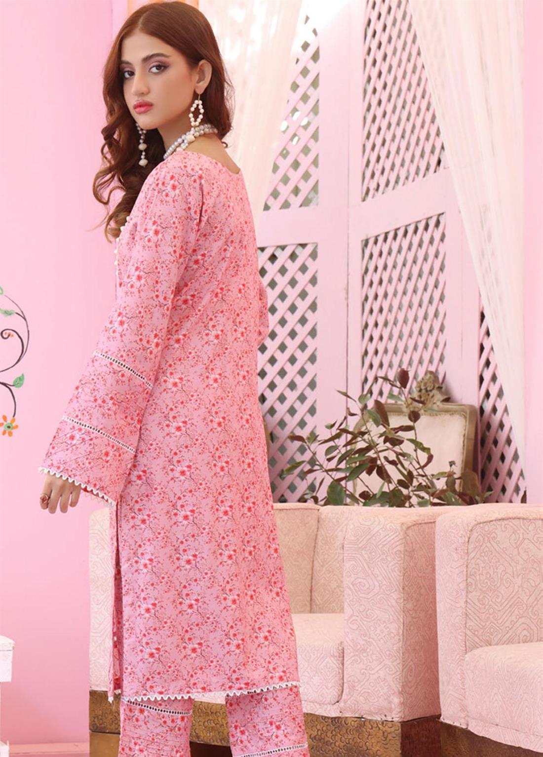 Pink Linen 2 Piece Printed Stitched Suit