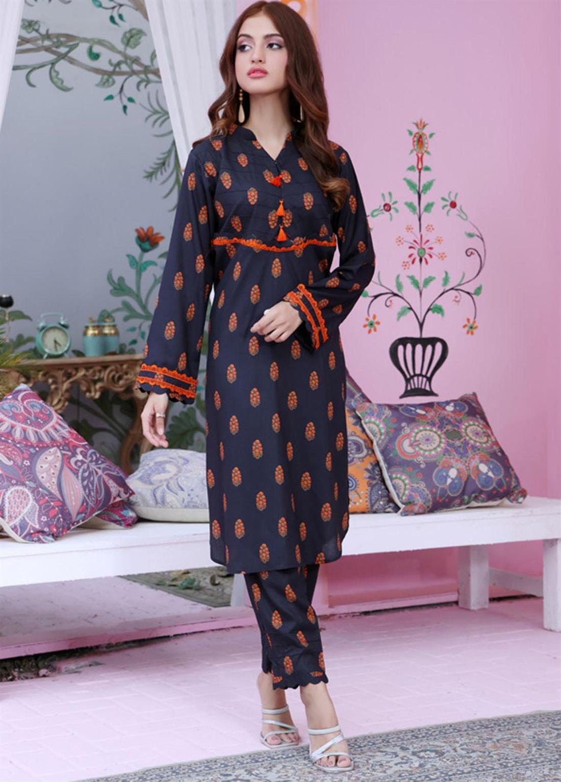 Dark Blue Printed Linen Ladies Tunics and Kurta