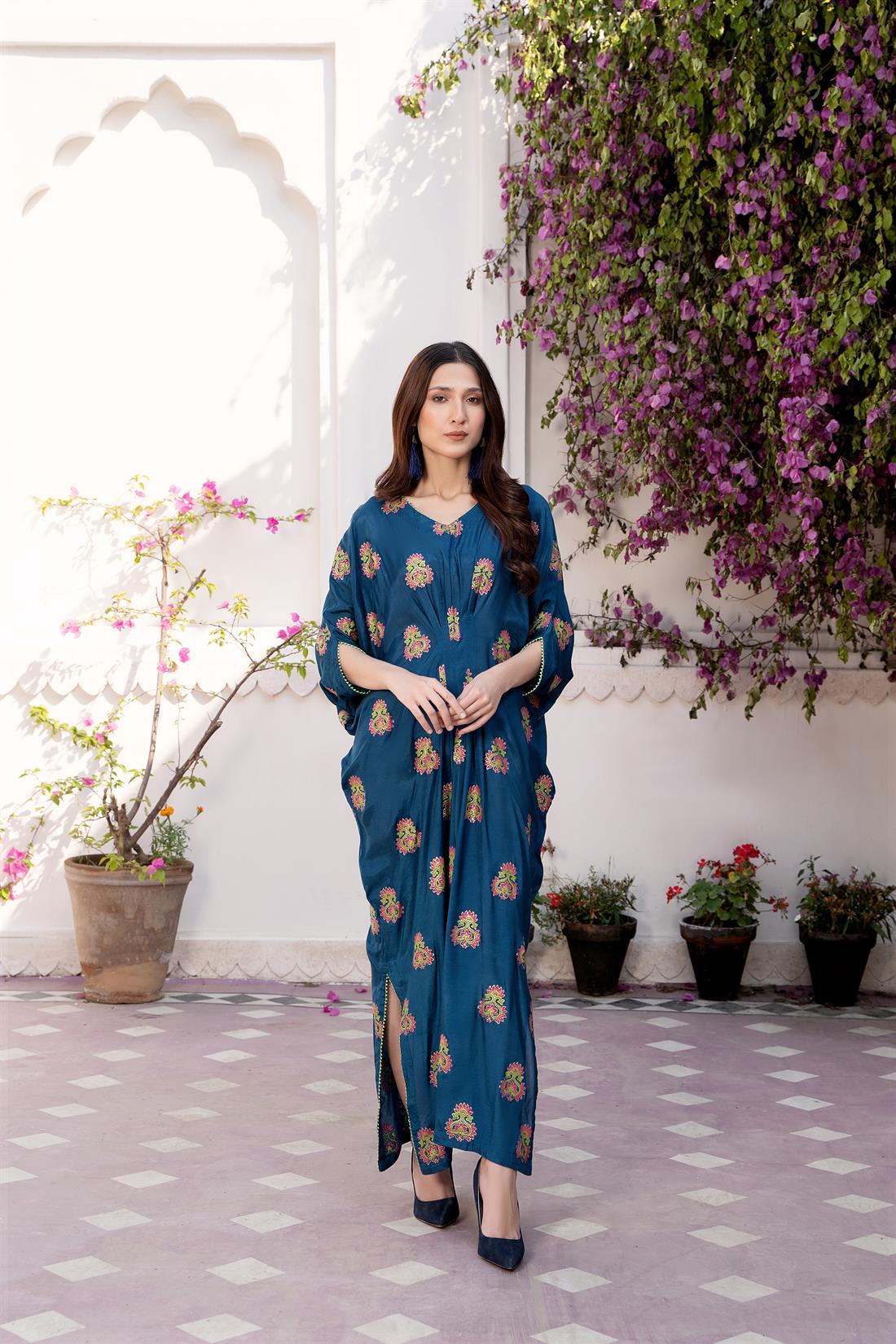Teal Blue Cotton Silk Kaftan with Block Print and Lace Details