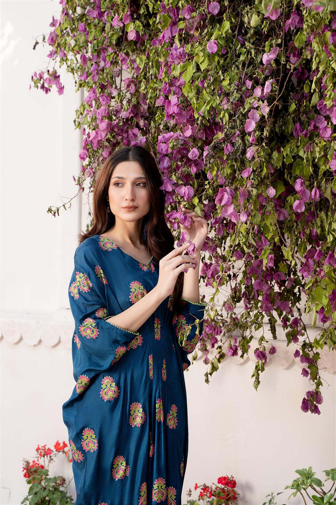 Teal Blue Cotton Silk Kaftan with Block Print and Lace Details