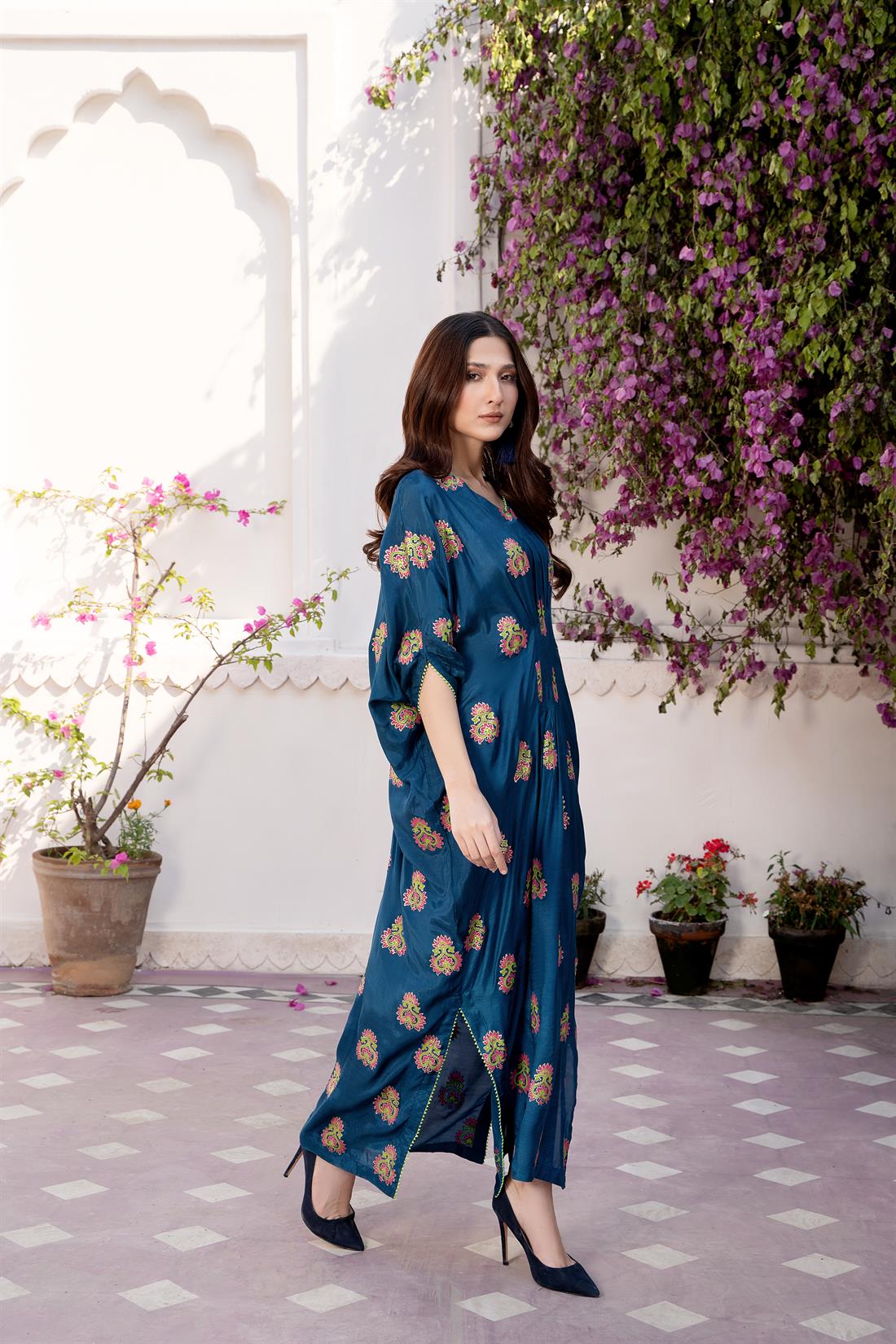 Teal Blue Cotton Silk Kaftan with Block Print and Lace Details