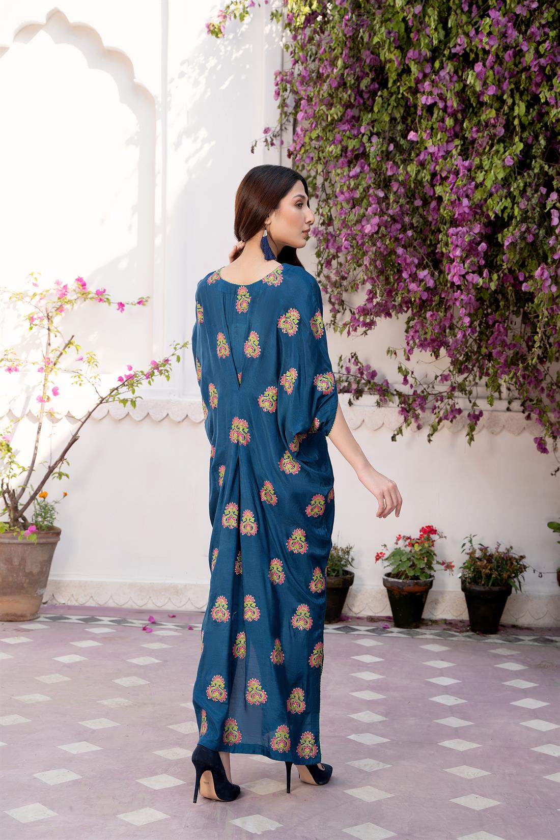 Teal Blue Cotton Silk Kaftan with Block Print and Lace Details