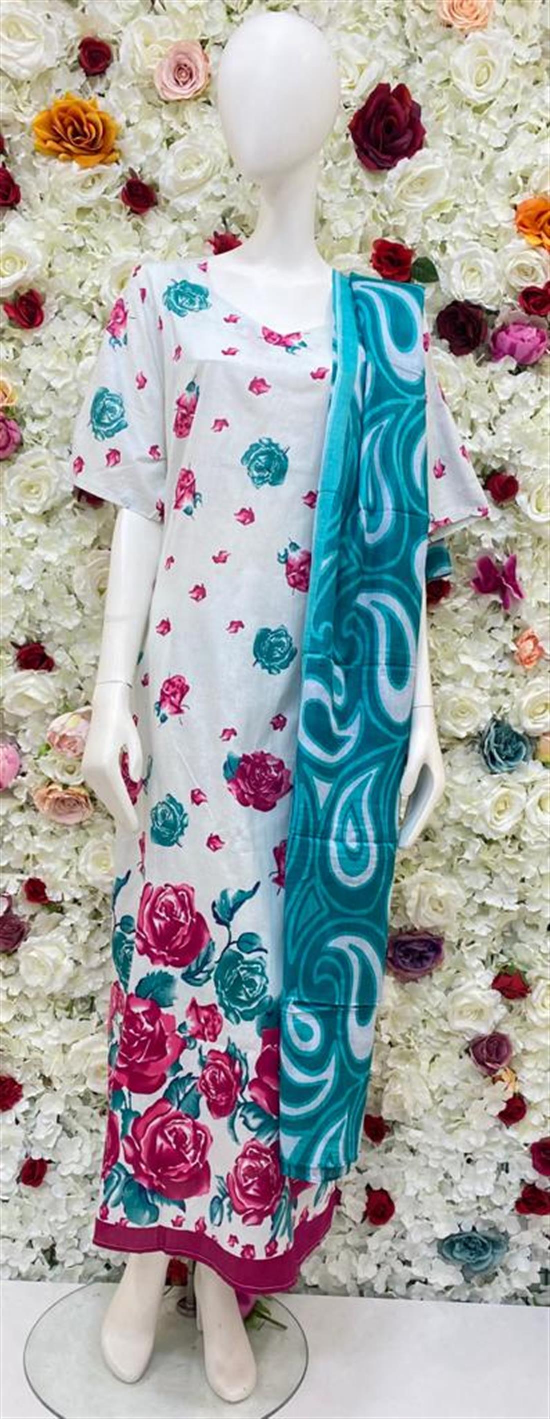 White Digital Printed Cotton Nighty with Dupatta. Short Sleeves.