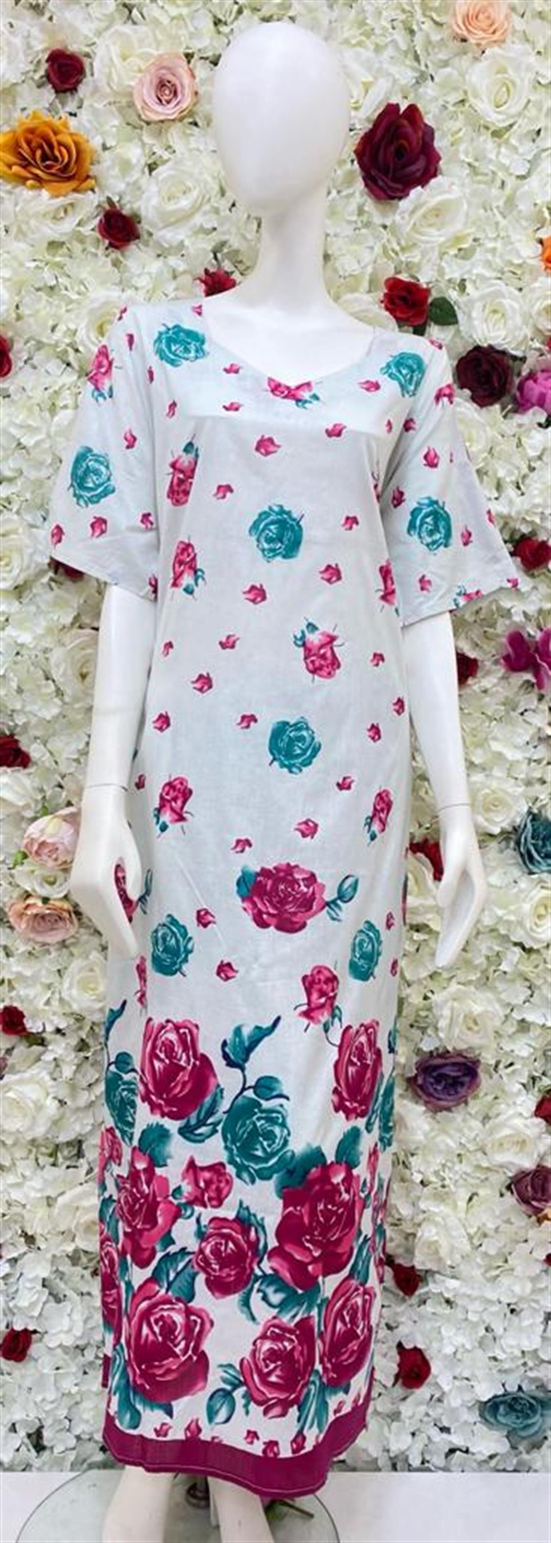 White Digital Printed Cotton Nighty with Dupatta. Short Sleeves.