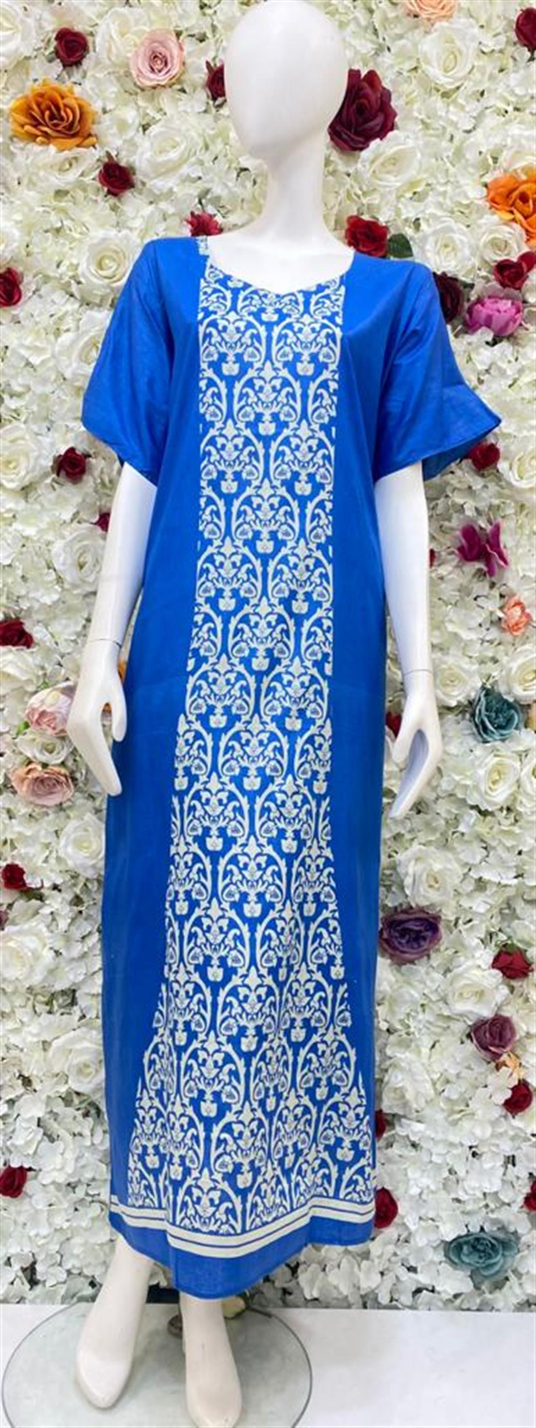 Blue Digital Printed Cotton Nighty with Dupatta. Short Sleeves.