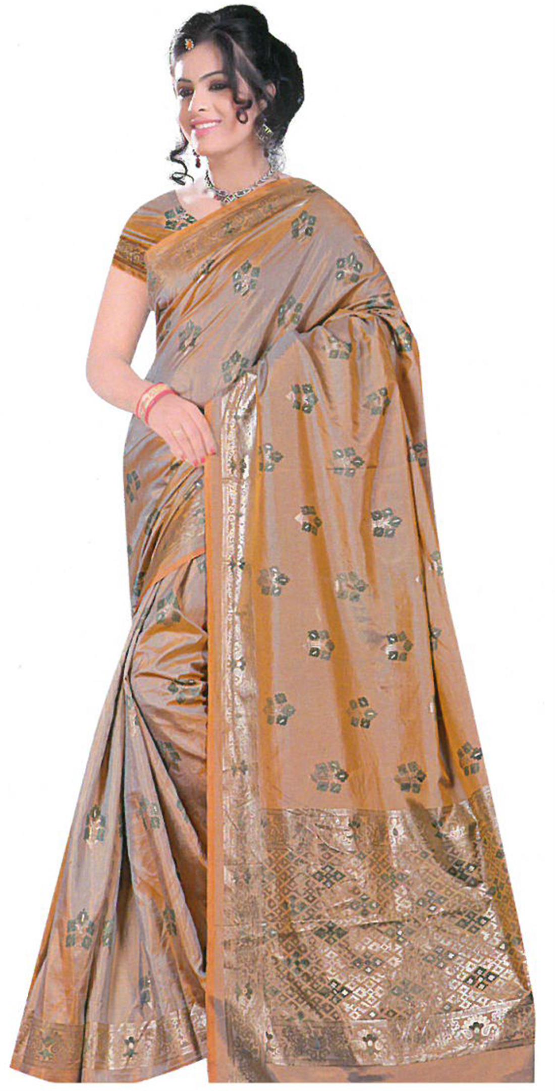 Beige Printed Silk Saree with Readymade Blouse 10/12 Size.
