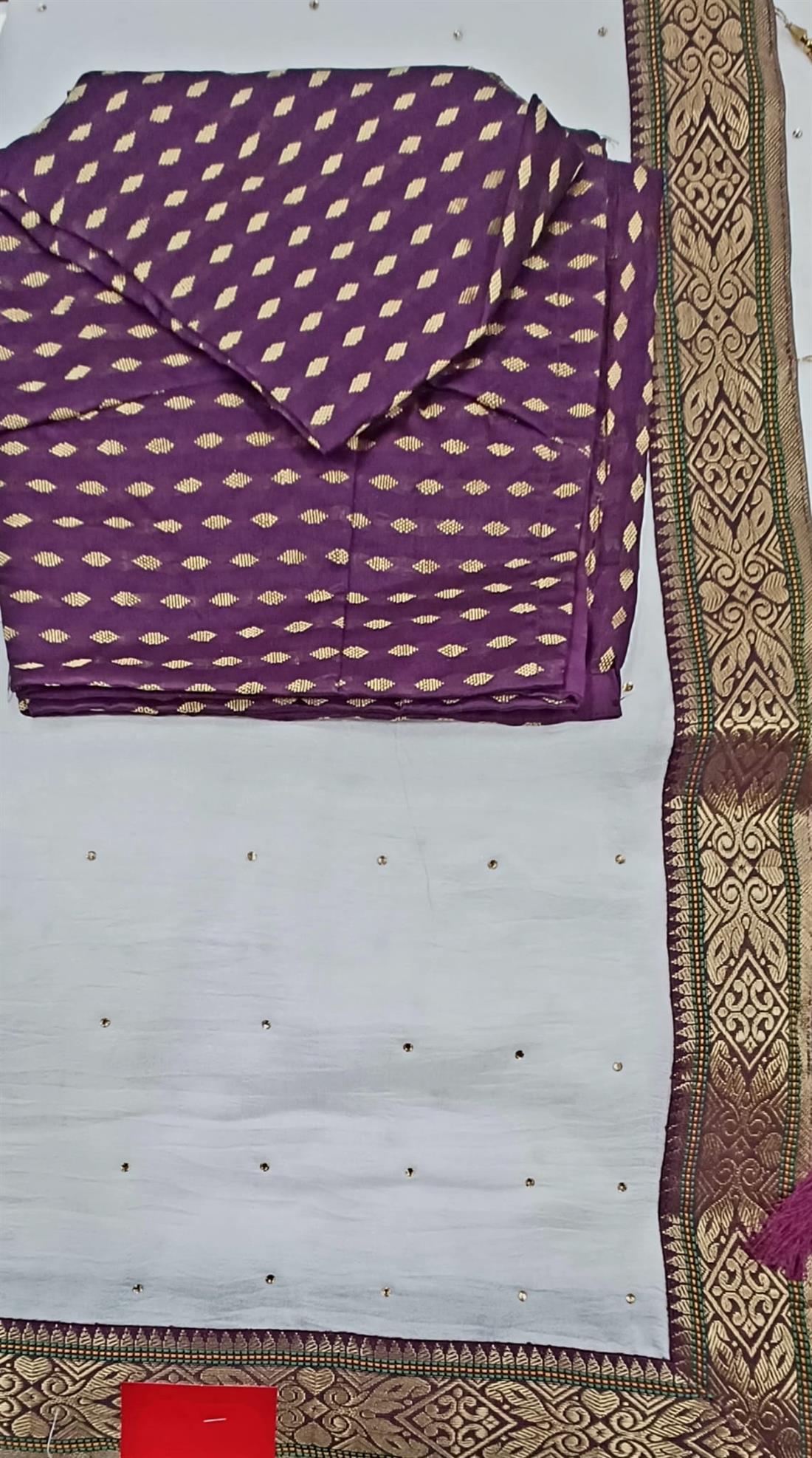 White & Plum Shamoz Silk Saree with Bids