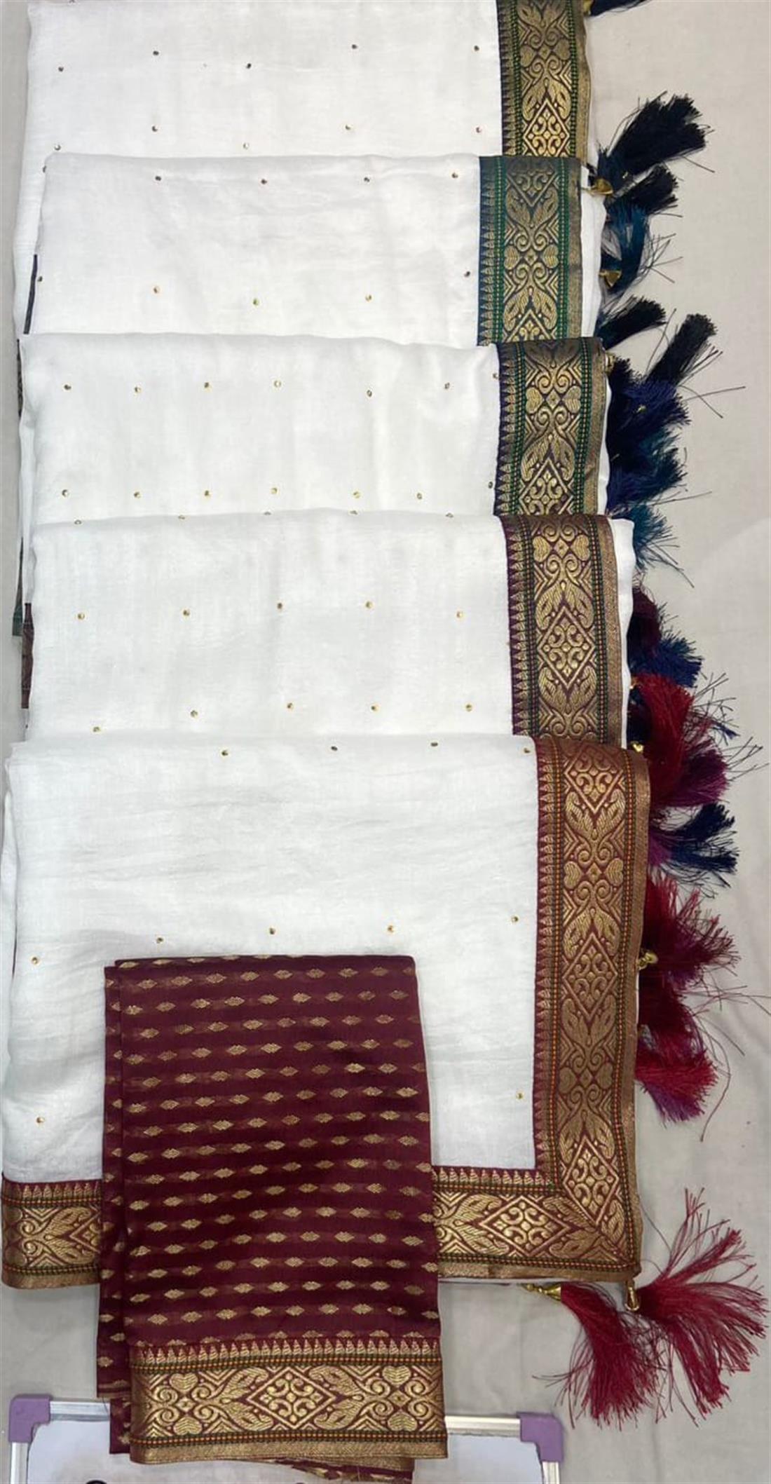 White & Plum Shamoz Silk Saree with Bids