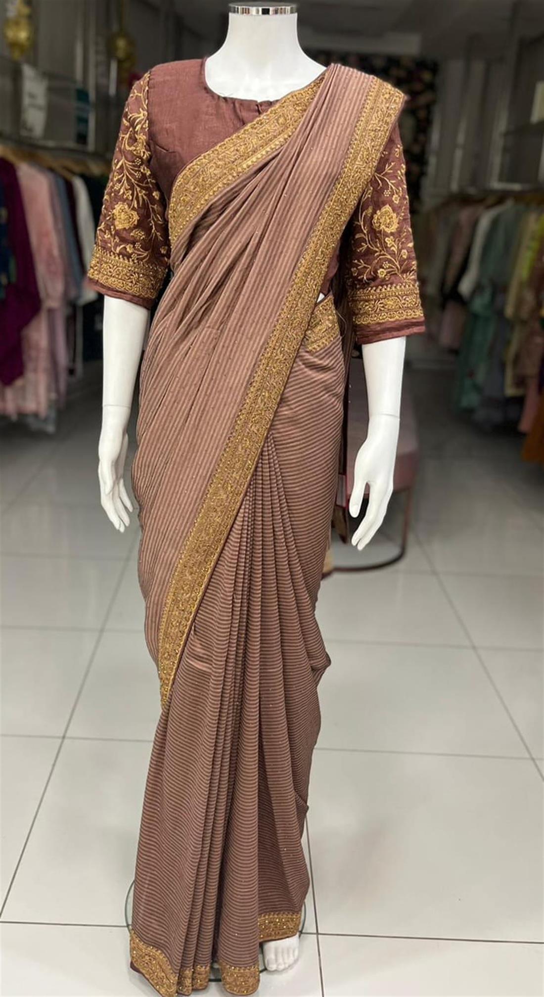 Brown Raw Silk Saree with Tilla and Stone Work Border