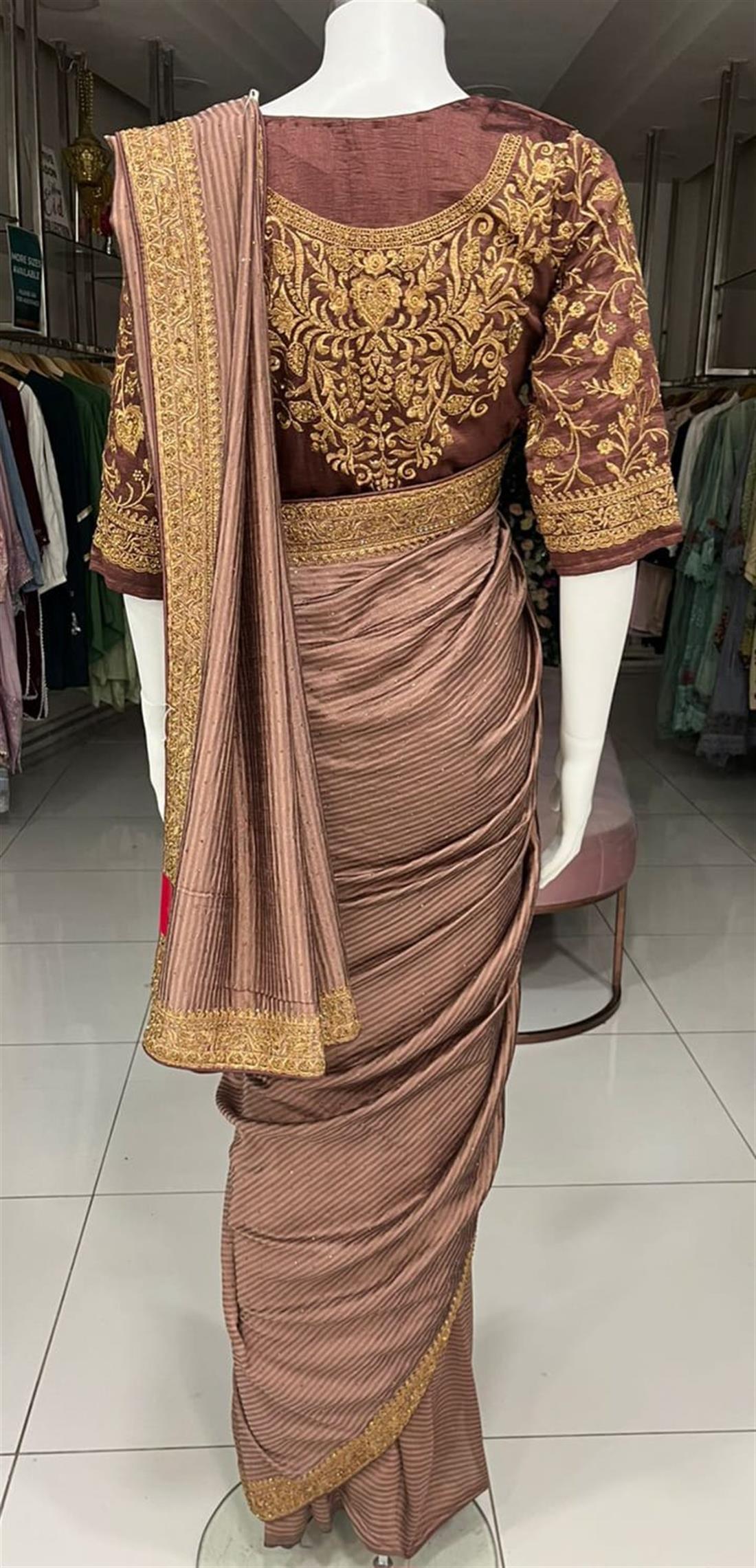 Brown Raw Silk Saree with Tilla and Stone Work Border