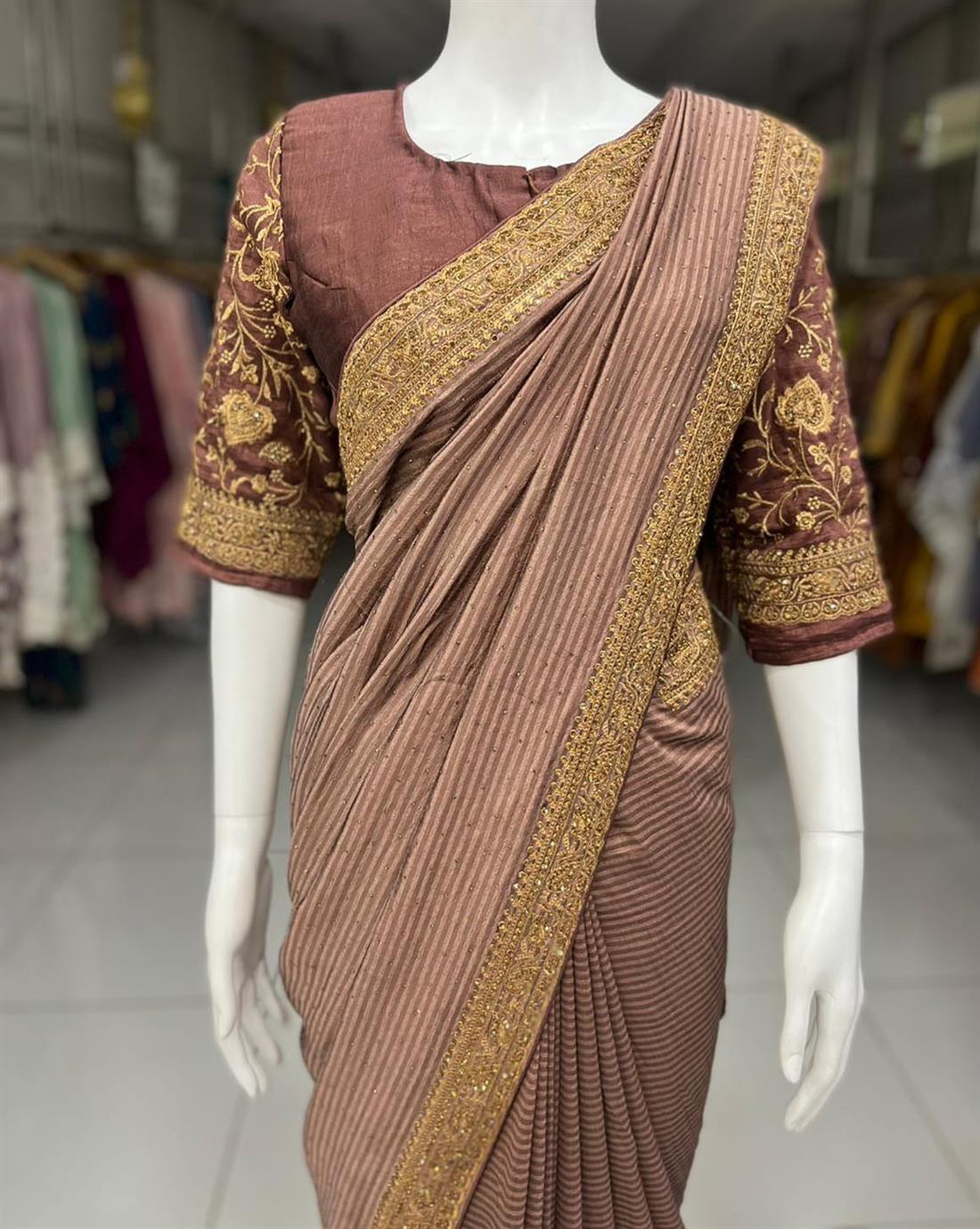 Brown Raw Silk Saree with Tilla and Stone Work Border