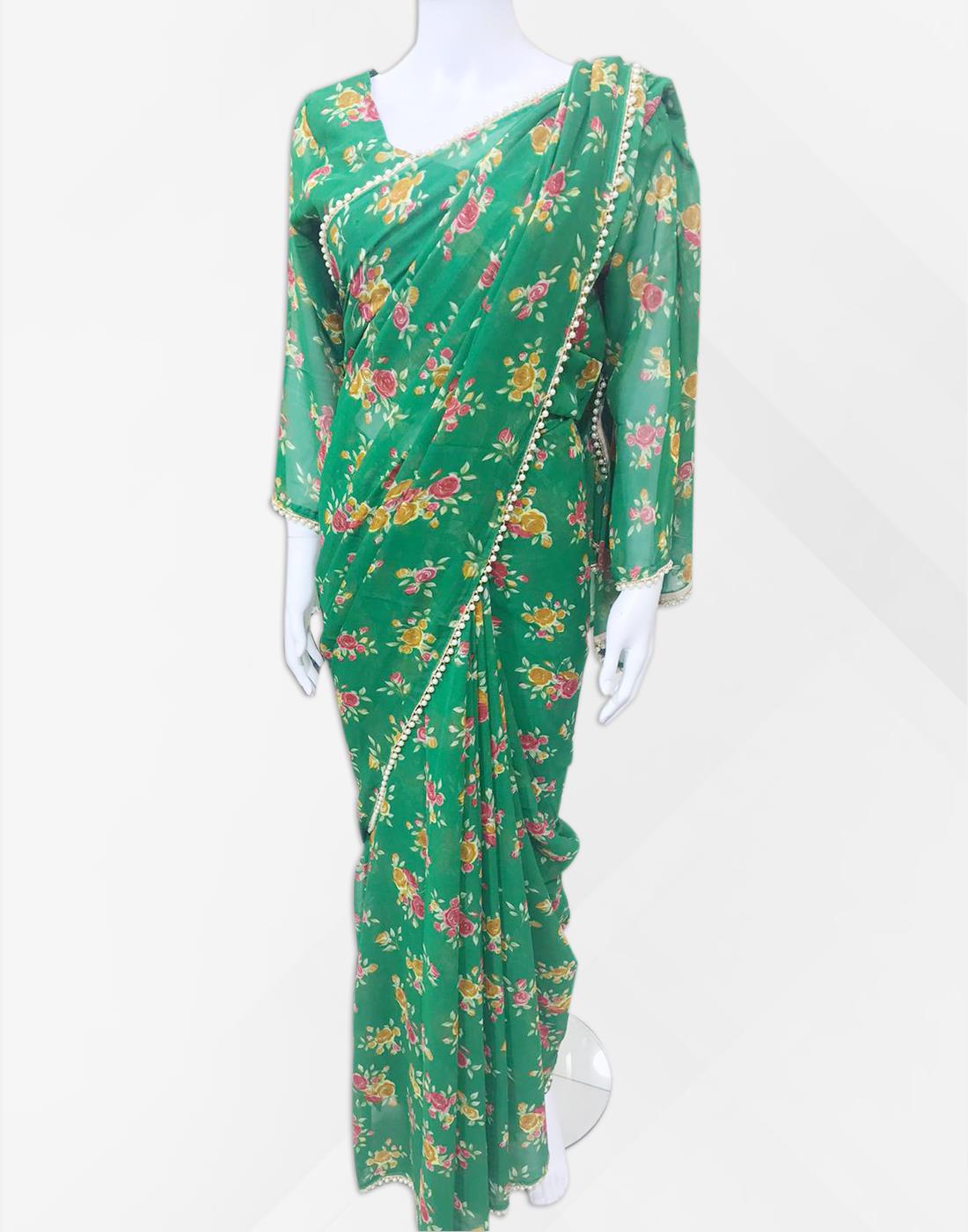 Green Georgette Saree With Blouse Long Sleeves