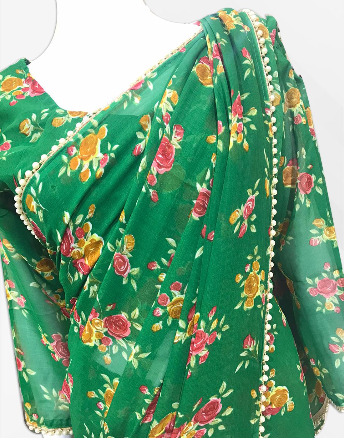 Green Georgette Saree With Blouse Long Sleeves