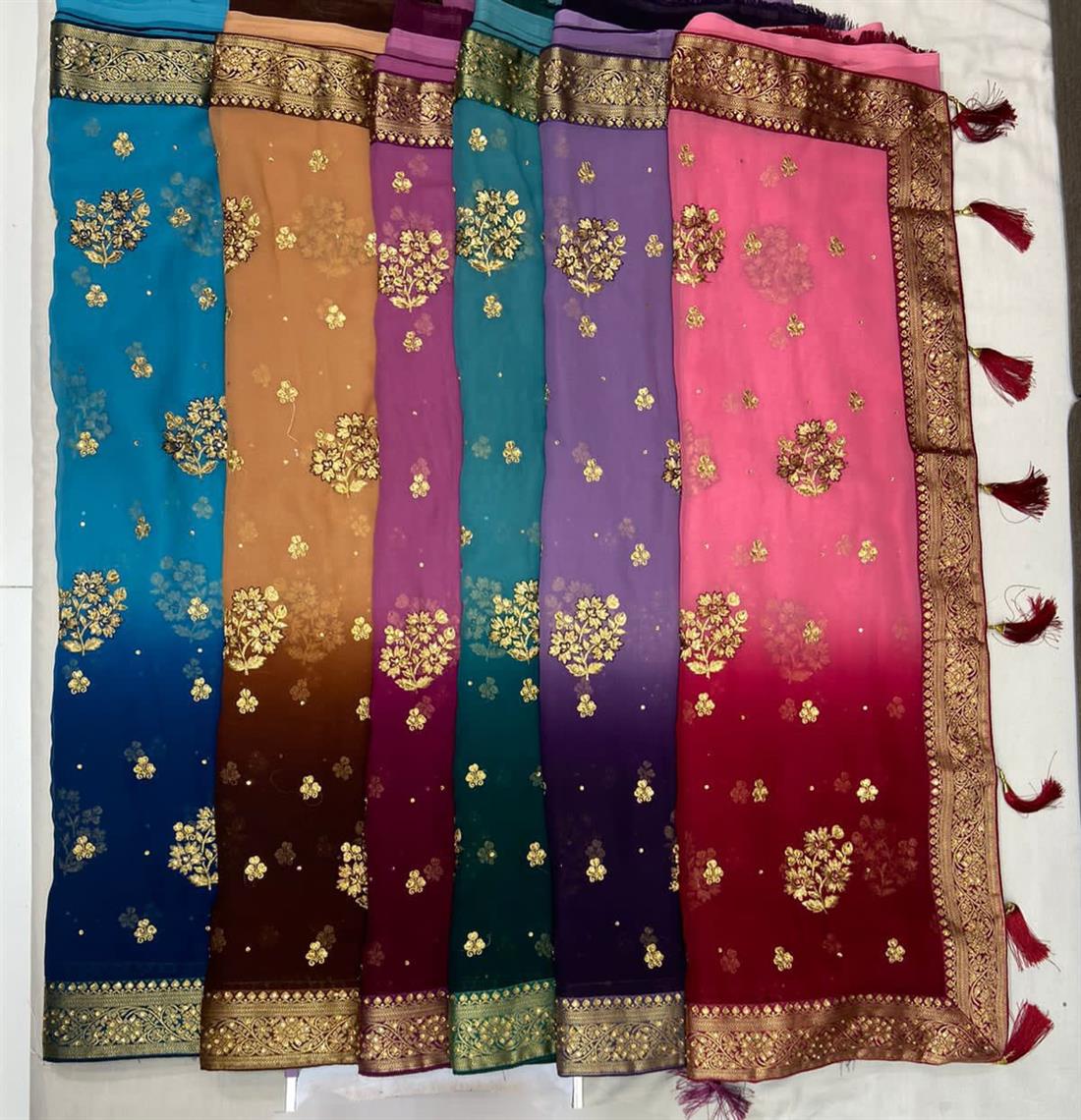 Green & Teal Georgette Shaded Saree with Zari Work