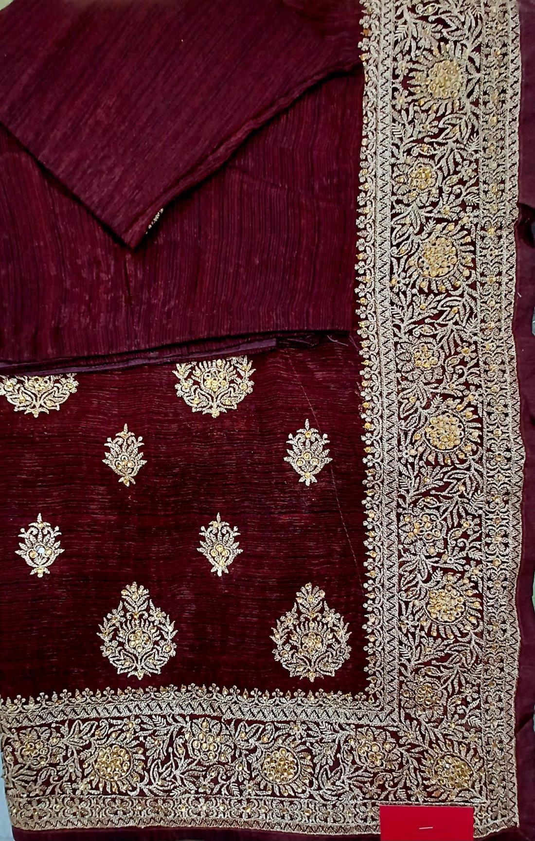 Maroon Shimmer Chiffon Saree with Zari and Bid Work