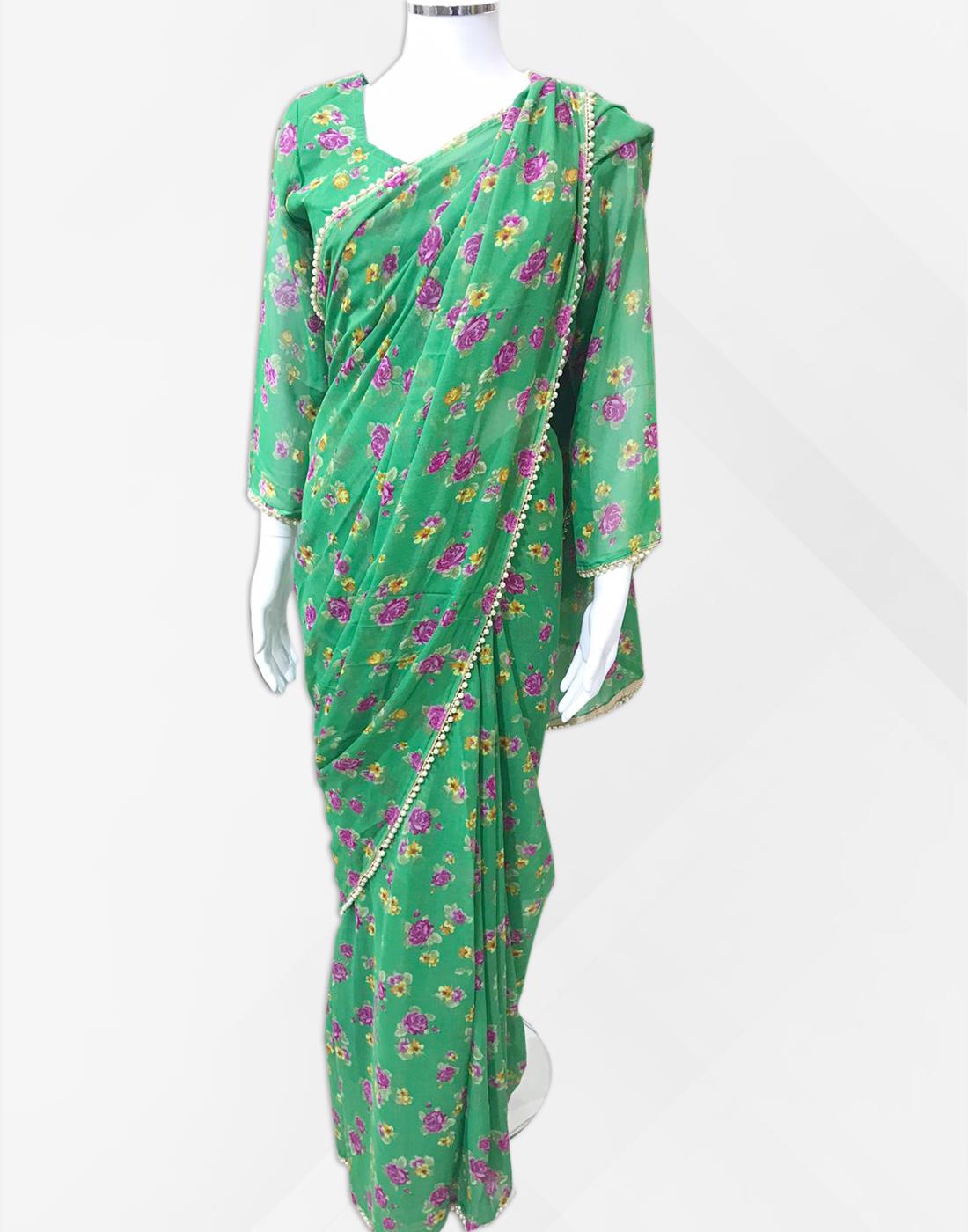 Green Georgette Saree With Blouse Long Sleeves
