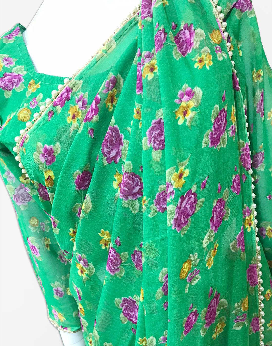 Green Georgette Saree With Blouse Long Sleeves