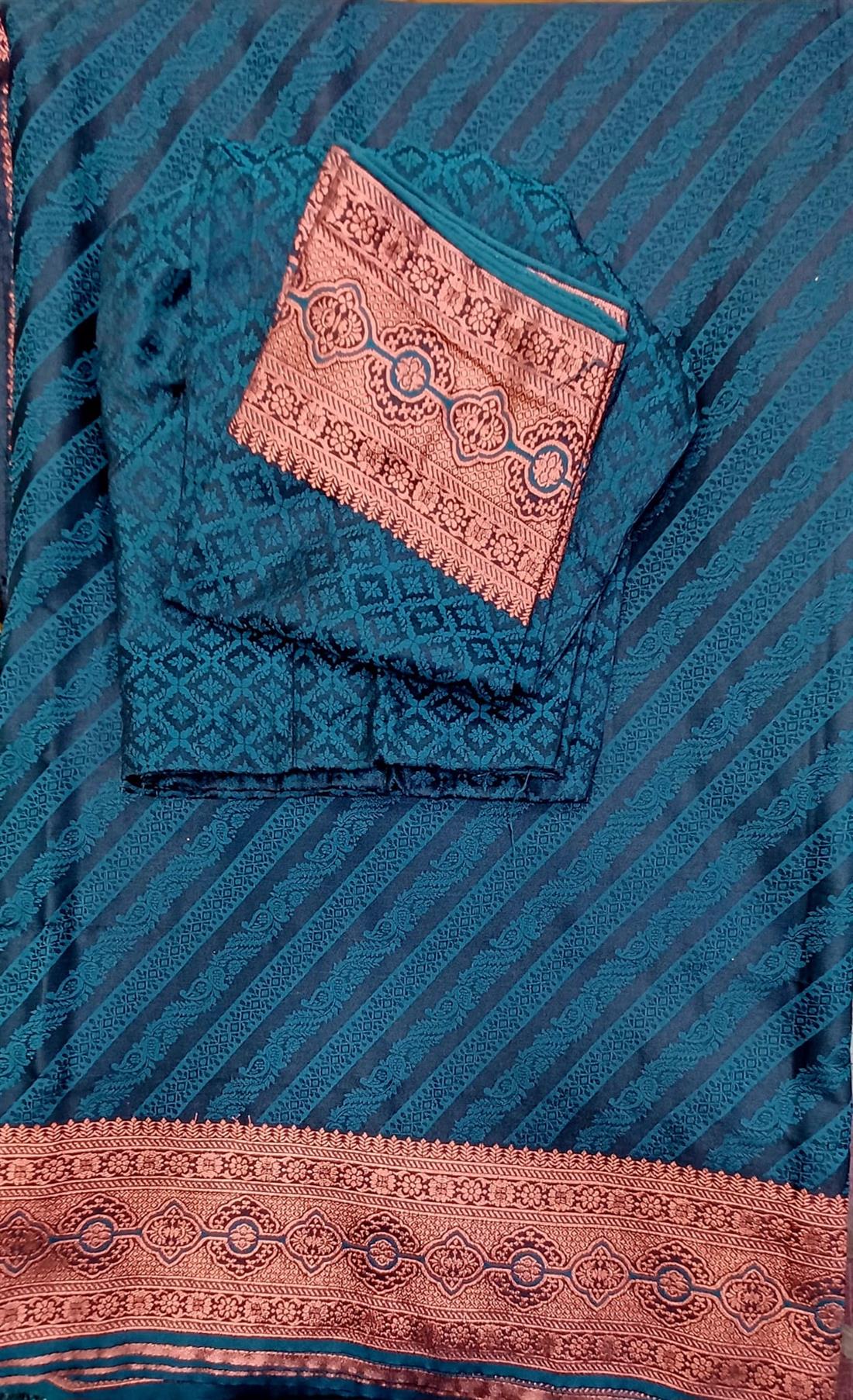 Teal & Bronz Jacquard Silk Classic Designer Saree.