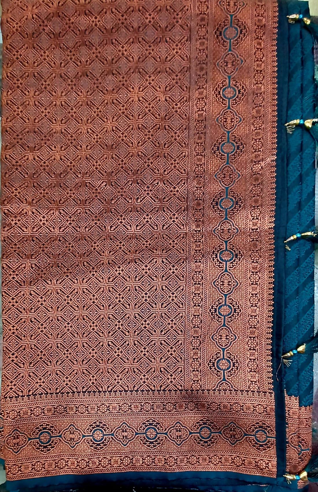 Teal & Bronz Jacquard Silk Classic Designer Saree.
