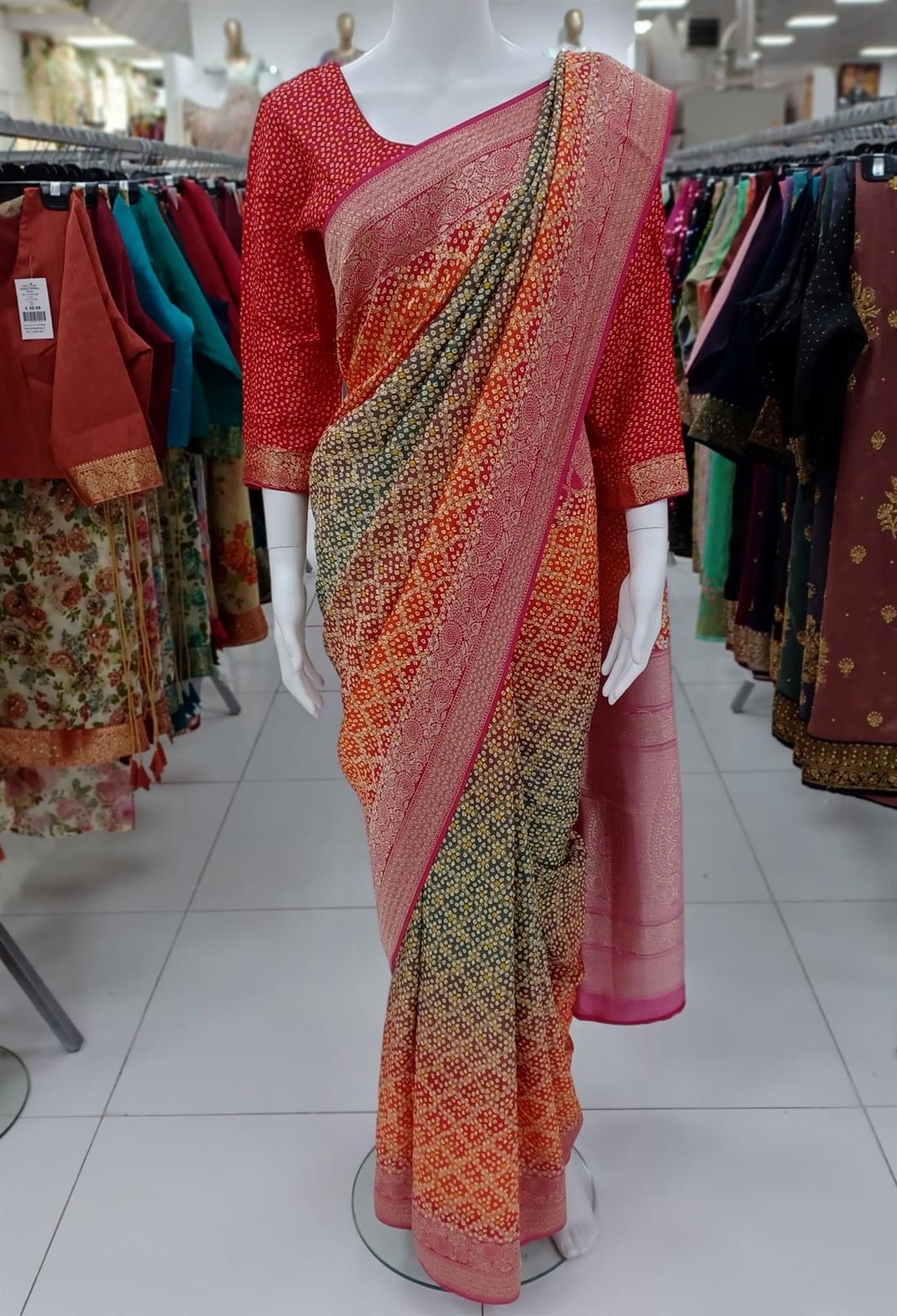 RED & Grey Pure Silk Chnri Print Saree