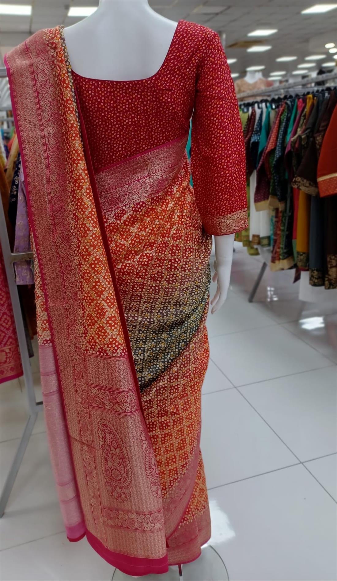 RED & Grey Pure Silk Chnri Print Saree