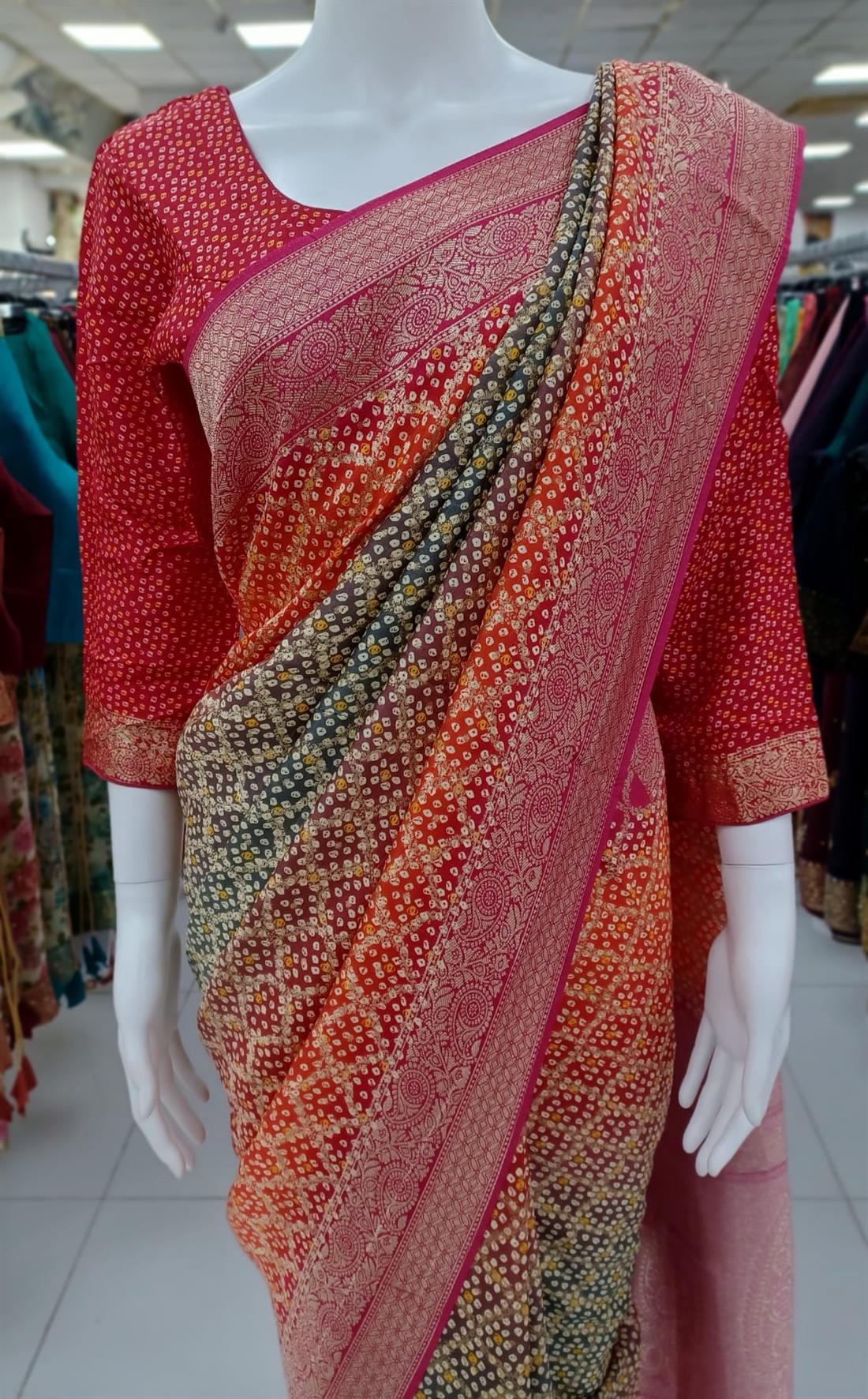 RED & Grey Pure Silk Chnri Print Saree