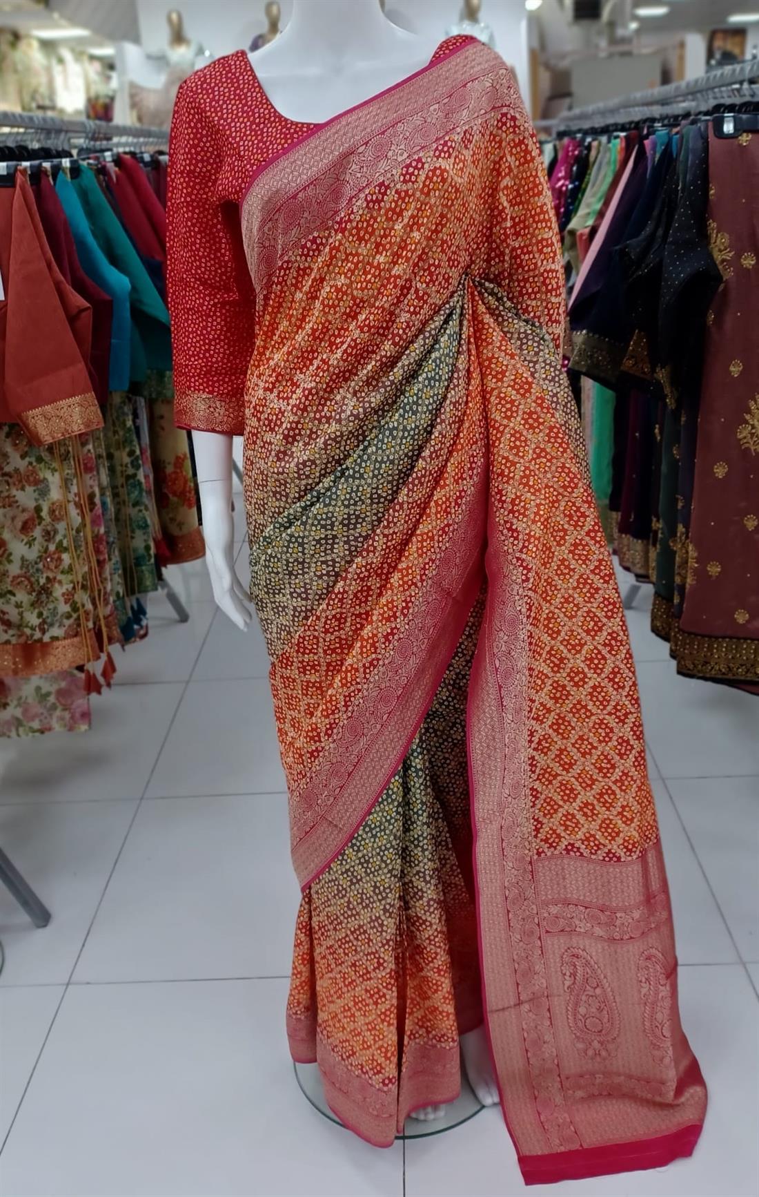 RED & Grey Pure Silk Chnri Print Saree