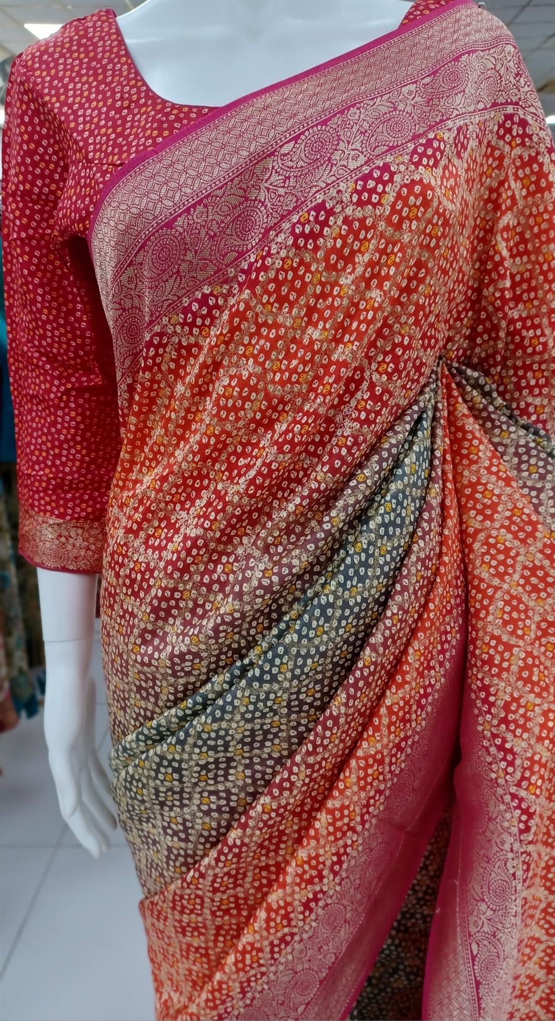 RED & Grey Pure Silk Chnri Print Saree