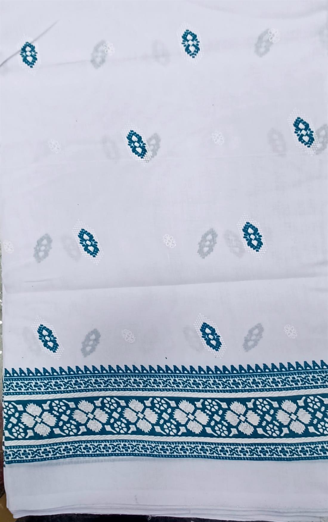 White & Teal Cotton Saree Without Blouse.