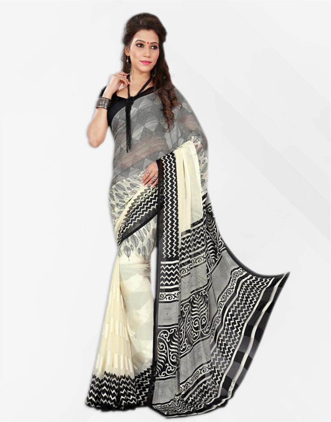 Black and White Designer Printed Saree