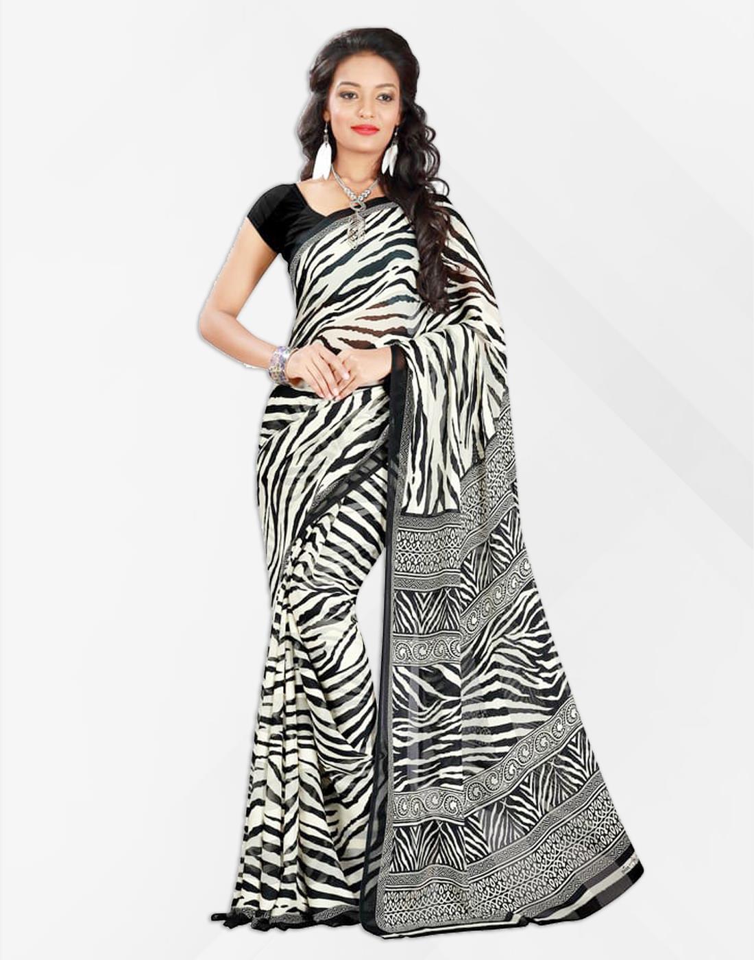 Black and White Designer Printed Saree