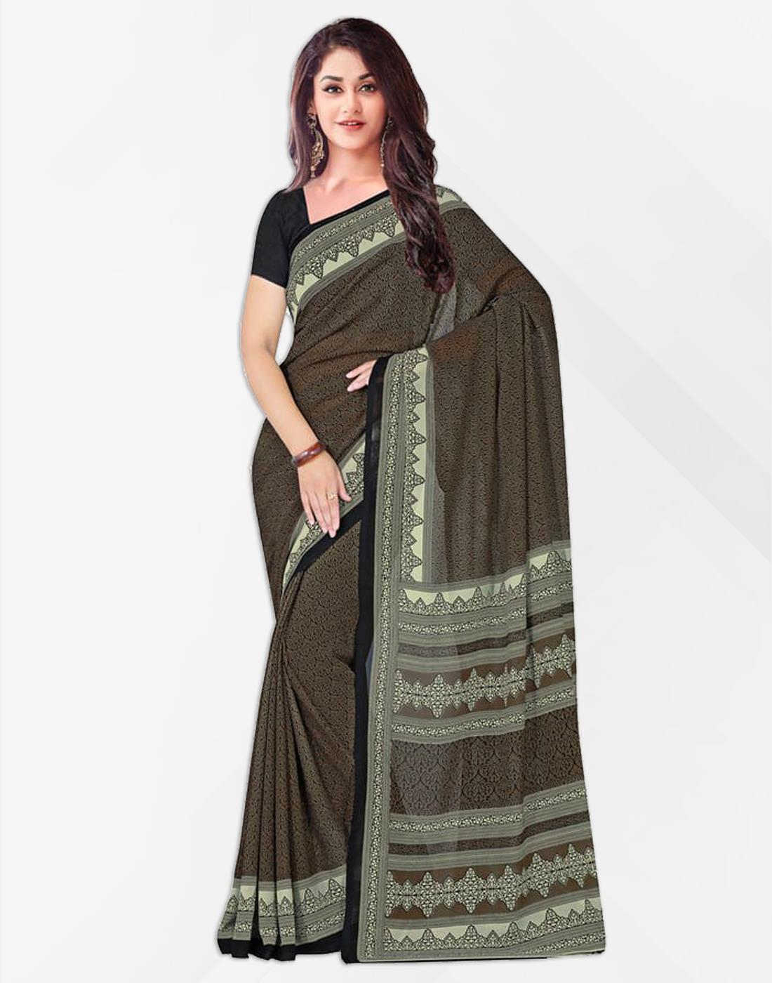 Black And Brown Soft Georgette Designer Printed Saree