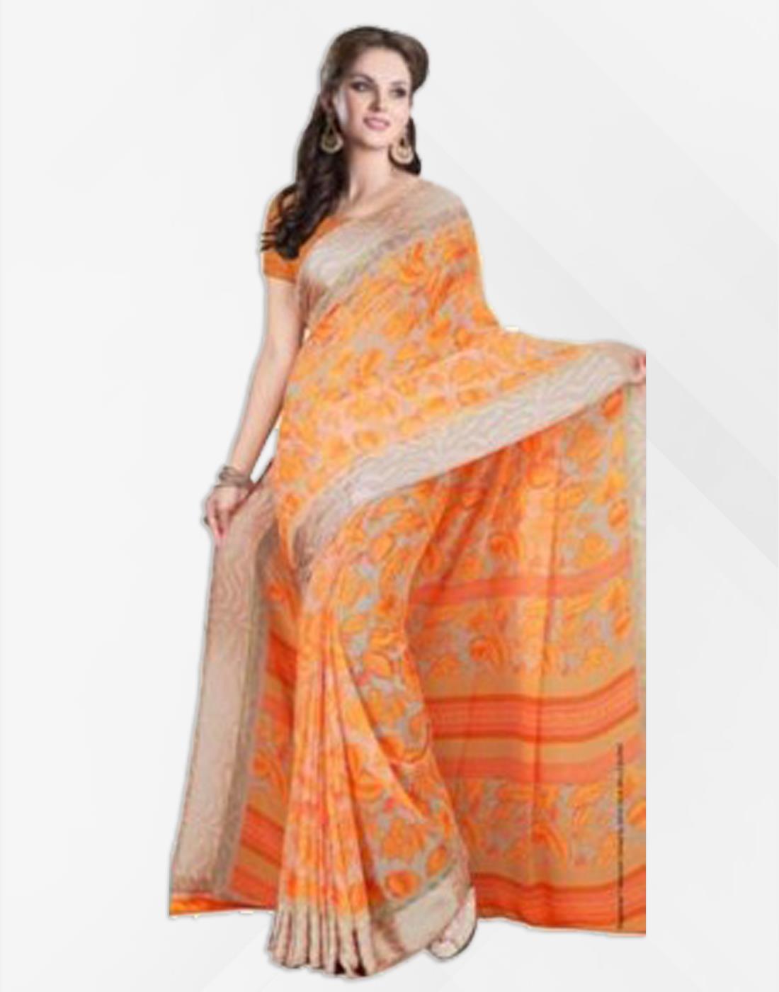 Orange Designer Printed Soft Georgette Saree with Satin Zari Border