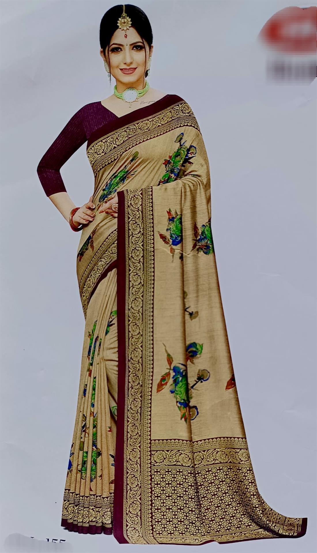 Beige & Plum Printed Silk Sarees