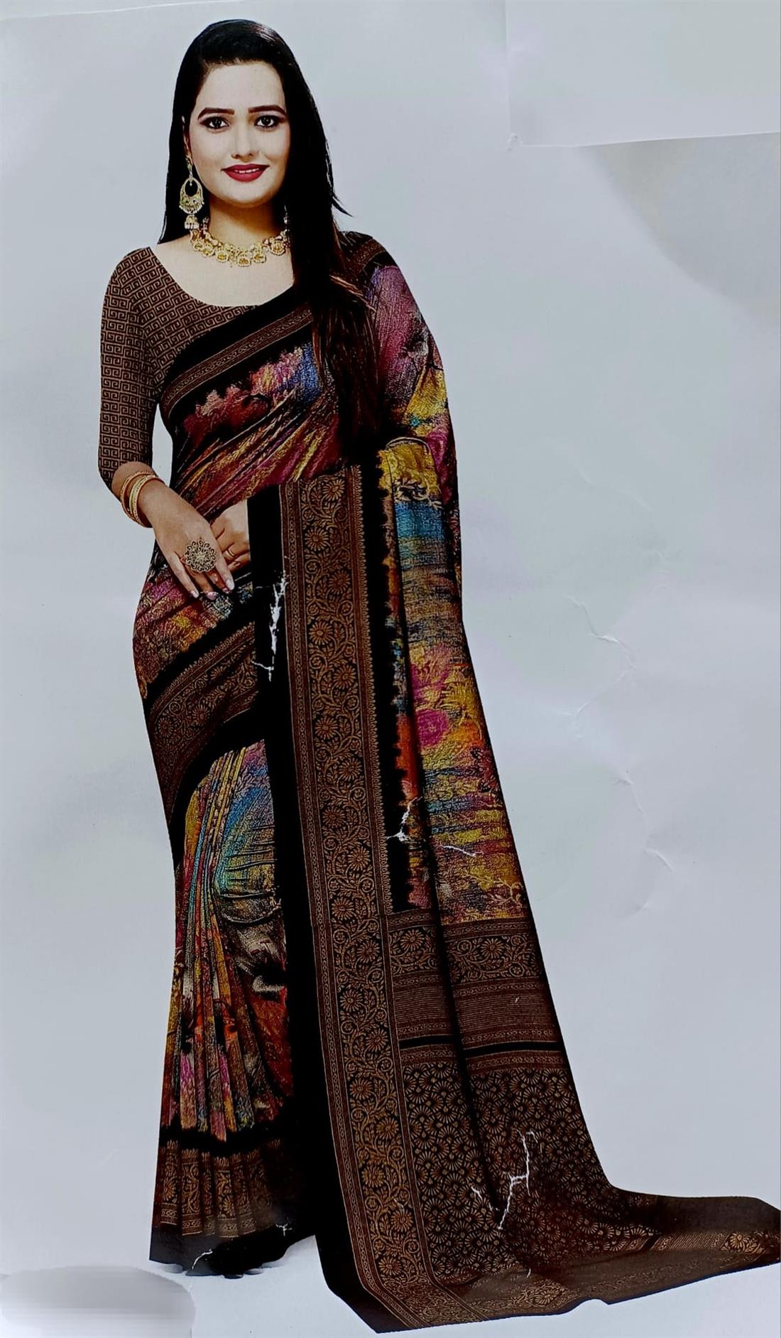 Brown Printed Silk Sarees
