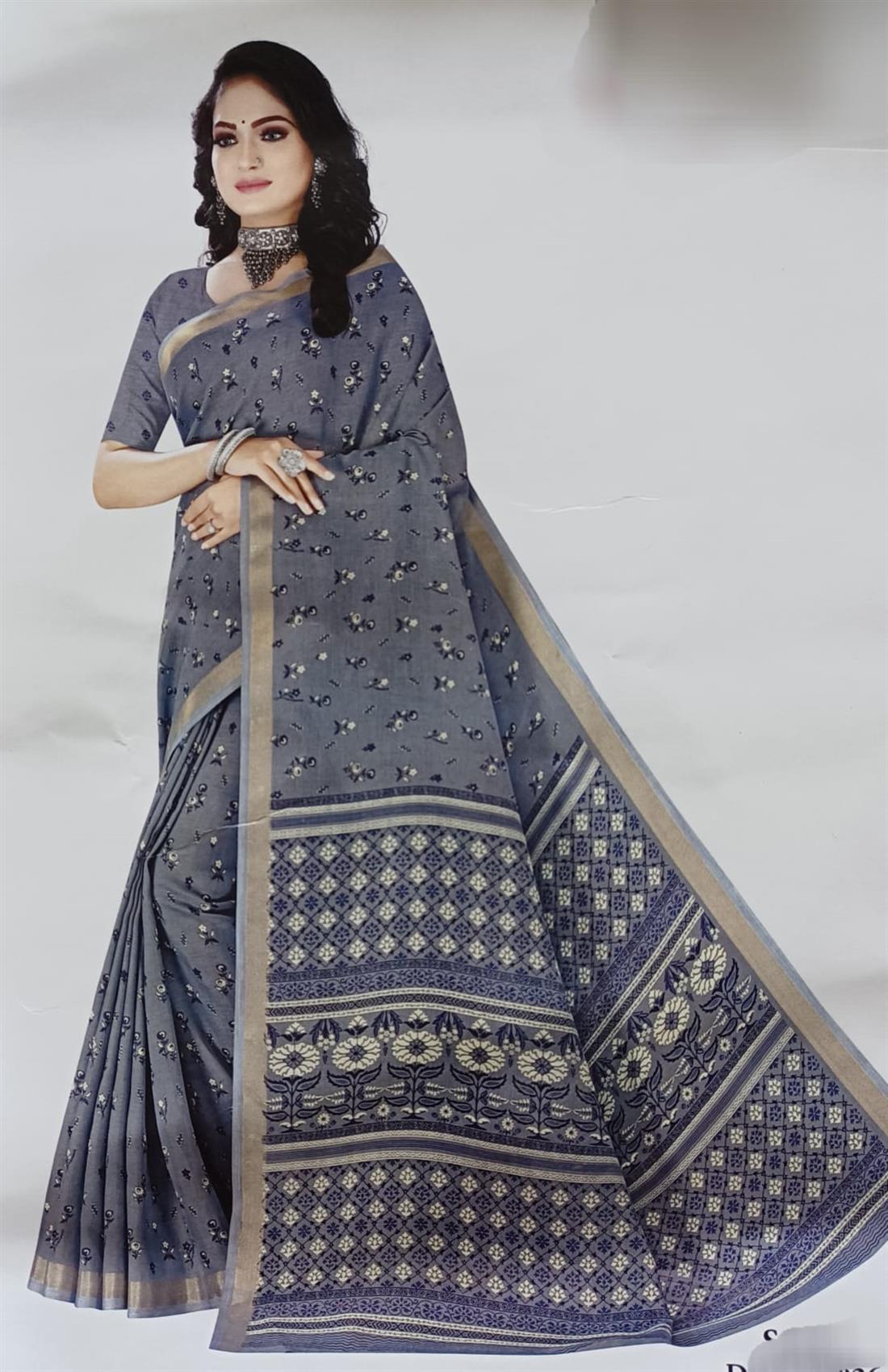 Grey Digital Printed Cotton Saree.