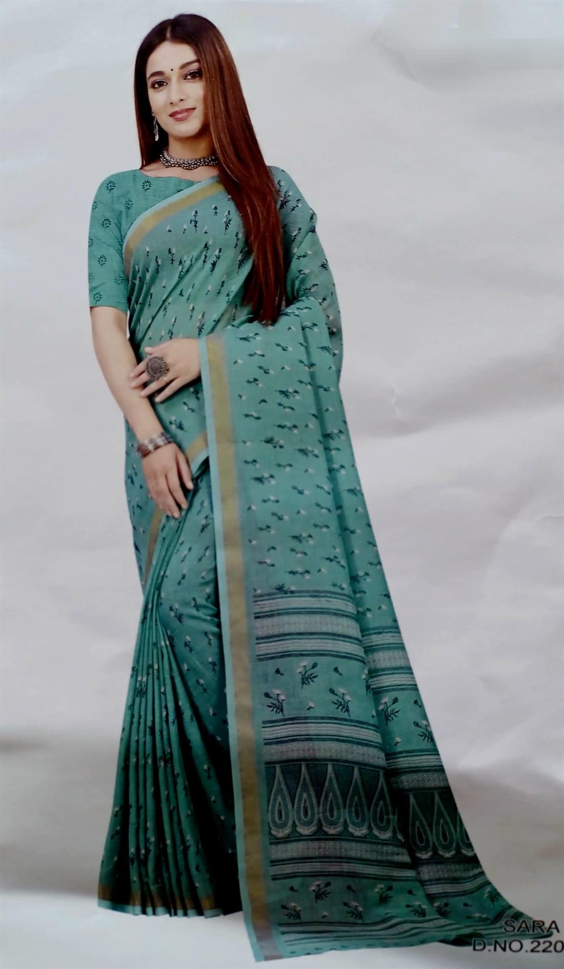 Teal Blue Digital Print Cotton Saree.