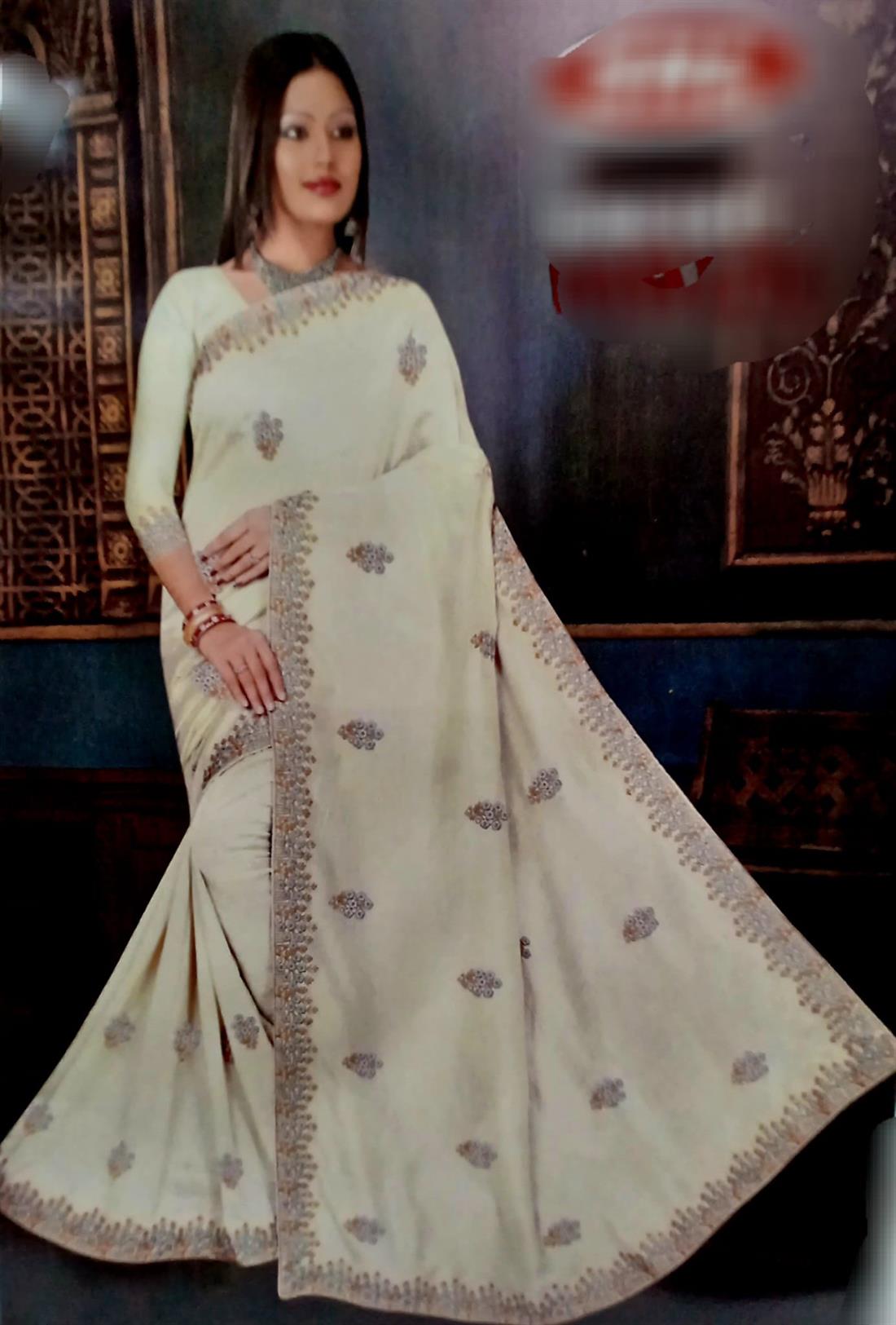 Cream & Grey Raw Silk Saree.