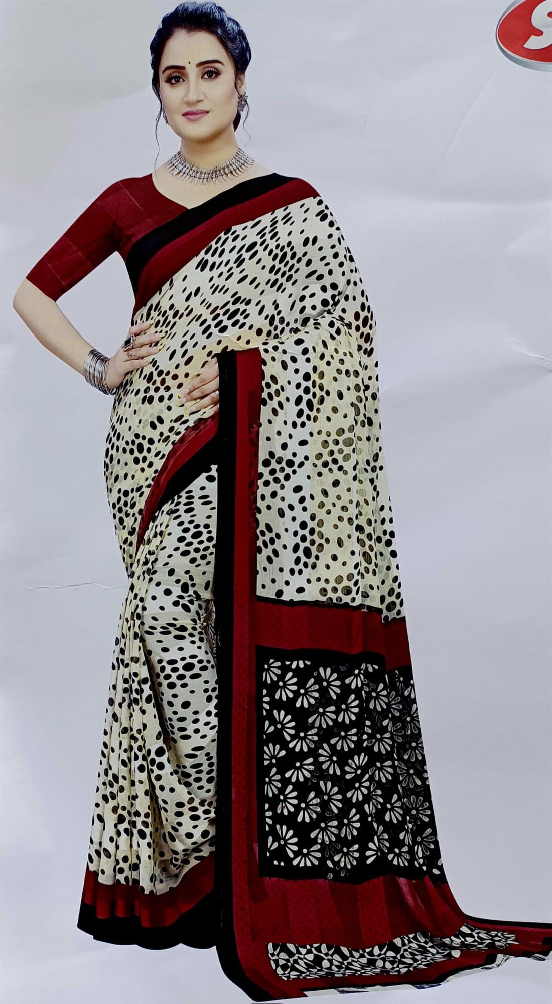 White & Black Chiffon Saree.