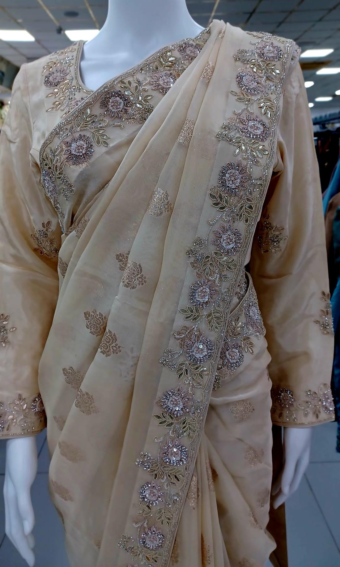 Cream Banarasi Organza Banarsi Saree.