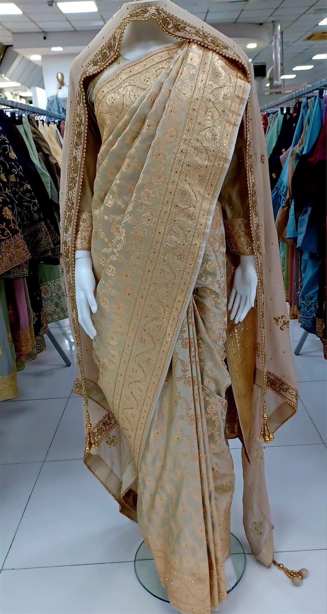 Cream Georgette Kathan Silk Saree.
