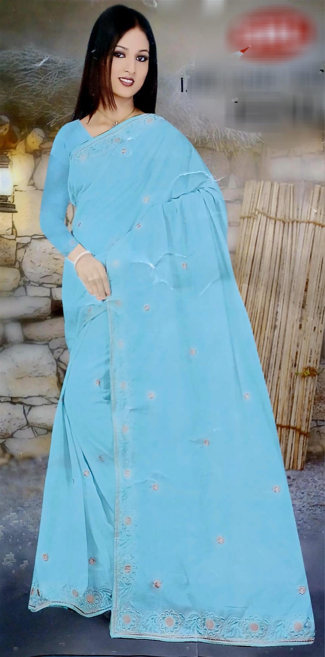 Aqua Blue Crape Silk Saree.
